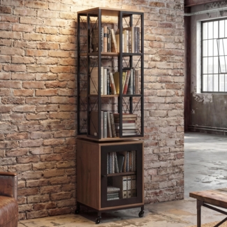 Bücherregal HWC-P13, Standregal Drehregal, Rollen drehbar Tür, Metall Industrial Melamin MVG 162 x 40 x 42 cm ~ braun