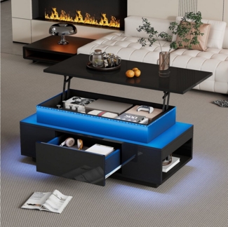 Merax Couchtisch höhenverstellbar Sofatisch Beistelltisch mit LED-Beleuchtung (1-St, Kaffeetisch 96x45x40cm), Lift-Top Wohnzimmertisch mit Schublade,Stauraum & Hochglanz-Oberfläche
