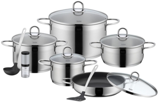 Silit Topf-Set Diamant, Edelstahl 18/10 (Set, 13-tlg, inkl. Schöpflöffel, Pfannenwender und Gewürzmühle), Silitherm-Allherdboden, induktionsgeeignet, spülmaschinengeeignet