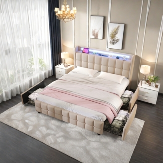 Polsterbett LED, mit Aufladen USB Ladefunktion Kopfteil und 4 Schubladen,Doppelbett 140x200cm Stauraumbetten Bettgestell, Lattenrost aus Holz, Beige