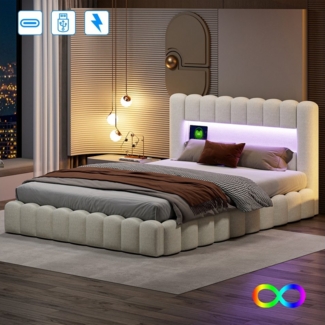 Furnishings Home Polsterbett Doppelbett Jugendbett (Set, Mit LED-Beleuchtung, USB & Type-c Anschlüsse, Leinen, 140x200 cm), mit Bettkasten, LED-Licht, USB-Anschluss