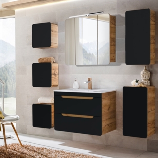 Badmöbel Komplettset in seidenmatt anthrazit mit Wotan Eiche Nb. NEW-LUTON mit 81 cm Keramik-Waschtisch & LED-Spiegelschrank, B/H/T ca. 180/200/46 cm