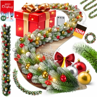 KESSER® Weihnachtsgirlande mit LED – 5 m oder 10 m, 100–200 LEDs, IP44, naturgrün, mit Schnee-Effekt je nach Modell, für Outdoor & Indoor, mit Fernbedienung & Weihnachtsdeko je nach Variante 10m / 200 LEDs inkl. FB / mit Deko / Schnee