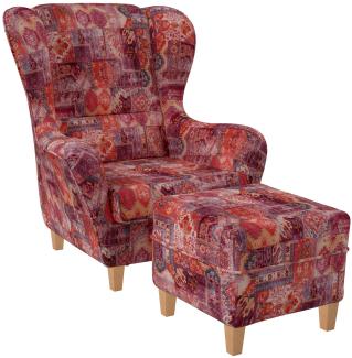 Supellex Sofia Ohrensessel mit Hocker, Patchwork, Samt-Velours, Orient Rot