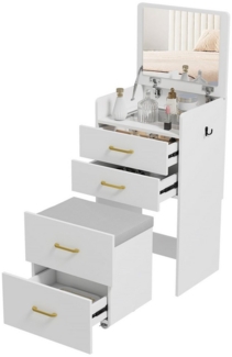 HOMCOM Schminktisch mit Rollhocker, Spiegel, 4 Schubladen (Kosmetiktisch, 1-St, Frisiertisch), Frisierkommode für Schlafzimmer, Weiß