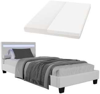 Juskys 'Verona' Polsterbett mit LED-Beleuchtung, Kunstleder, Weiß, 90x200 cm, mit Matratze