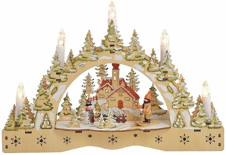 Spetebo LED Schwibbogen LED Holz Schwibbogen "Winterlandschaft" - 35 cm (1-tlg), Weihnachts Szene mit 5 LED Kerzen warm weiß beleuchtet