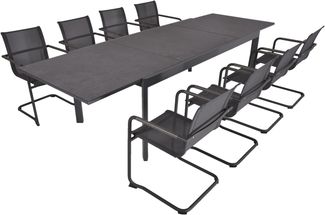 Garten-Sitzgruppe CARLA 9-tlg. - Kunststoff, Grau | Gartenmöbel-Set Gartengarnitur Garten-Essgruppe mit Freischwingerstühlen und Esstisch ausziehbar