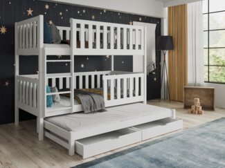 Deine Möbel 24 Etagenbett Hochbett Kinderbett LUKAS für 3 Kinder 90x200 Weiß (mit Ausziehbett Matratzen optional, 3-St, Funktionsbett inkl. Lattenrost, Rausfallschutz und 2 Schubladen), aus Vollholz Massivholz Kiefernholz, in 2 Einzelbetten umbaubar