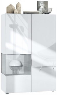 Vladon Vitrine Morena V2, Standvitrine mit 2 Türen und Glaseinsatz, Korpus Weiß matt, Fronten Weiß Hochglanz, Cube Beton Oxid Optik (91,5 x 136,5 x 37 cm)