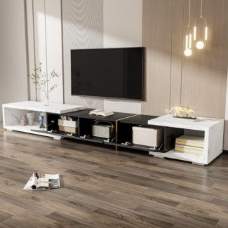 Merax Lowboard Hochglanz-TV-Schrank mit verstellbarer Länge (TV-Ständer mit 1 Tür), TV-Board Marmoroptik mit drehbarer Funktion, Breit: 140-260 cm