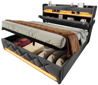 REDOM Polsterbett Modernes Bett mit Ladefunktion und Stauraum (Struraumbett, Funktionsbett, 160*200, Mit Matratze (H25cm), Kopfteil mit USB und Typ C-Port