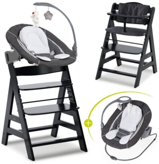 Hauck Hochstuhl Alpha Plus Black Newborn Set Deluxe (Set), Holz Babystuhl ab Geburt inkl. Aufsatz für Neugeborene & Sitzauflage