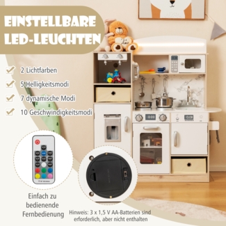 Kinderküche Spielset Holz Spielküche mit einstellbaren LED-Lichtern abnehmbaren Stoffkörben & Regalen Spielküche Weiß
