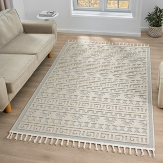 Vimoda Teppich Teppich Wohnzimmer Boho Skandi Frisé-Teppich, Rechteck, In & Outdoorteppich,Hoch Tief,3D, Balkon,Küchenteppich,Flur,Creme