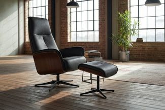 KAWOLA Relaxsessel FERREIRA Drehsessel Leder schwarz mit Hocker 106 x 84 x 78 cm