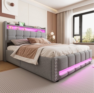 HAUSS SPOLE Polsterbett 160x200 cm mit LED-Beleuchtung und USB-Steckdose, Leinenstoff Hellgrau (Stauraumbett mit LED-Beleuchtung, USB-Steckdose, Stauraum und 4 Schubladen, 160x200 cm), ohne Matratze