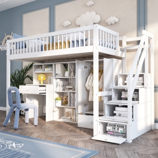 Hochbett 90x200 cm, Massivholz & MDF, mit Schreibtisch, großem Stauraum und Rausfallschutz, Treppe links/rechts montierbar,Weiß