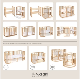 Waldin Babybett Mobiles Babybett OWAL aus Holz 7in1 mit Matratze, mitwachsend