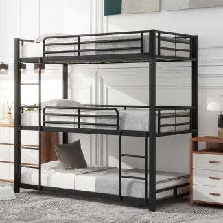 Merax 90x200cm Bettgestell Metallbett,Etagenbett,Eisenbett, Dreifach-Etagenbett für Kinder, Jugendliche und Erwachsene, Schwarz