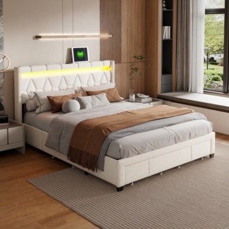 Gdood Polsterbett Stauraumbett Doppelbett, LED (Multifunktionsbett), Mit USB + TYPE-C Laden, 3 Schubladen, Leinen, 160x200 cm