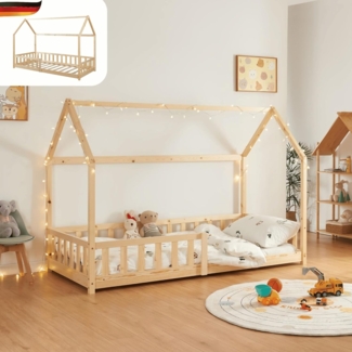 DELUKE® Kinderbett 90x200 OKLA - mit Lattenrost Rausfallschutz Haus-OptikEinzelbett aus Holz Hausbett Kinderzimmer Montessori Bett Braun