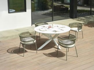 Vente-unique - Garten-Essgruppe: Tisch ausziehbar 150/200 cm + 4 Sessel aus Metall & Seilen - Aluminium - Kaki & Weiß - PISTO von MYLIA