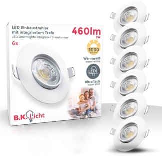 B. K. Licht - 6er Set LED Einbaustrahler 230V schwenkbar, warmweiße Lichtfarbe, Lochmass 68mm, flach, LED Spot, Deckenspots, LED Spots, Einbauleuchten, Einbauspots LED, Deckenstrahler, 90x24 mm, Weiß