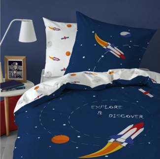 MTOnlinehandel Kinderbettwäsche Rakete Planeten Weltall 135x200 + 80x80 cm, 100 % Baumwolle, Renforcé, 2 teilig, hochwertige Bettwäsche für Mädchen und Jungen