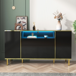Sideboard 150x40x80 cm, Hochglanz Schwarz mit goldenen Akzenten, 4 Türen, 1 Schublade und LED-Beleuchtung