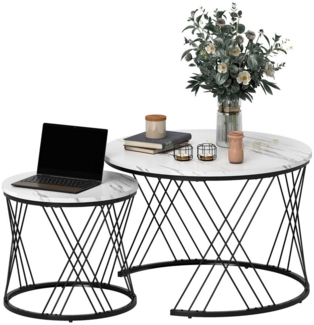 HOMCOM Couchtisch rund 2er Set Beistelltisch mit Marmoroptik, Metallrahmen (Wohnzimmertisch, 2-St, Satztisch), Kaffeetisch für Wohnzimmer Schlafzimmer Weiß