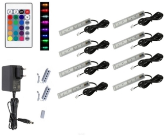 QLS LED Unterbauleuchte RGB 12V 2-8 Stück Schwarz, LED fest integriert, Glasbodenbeleuchtung Lichtleiste Fernbedienung 16 Farben Dimmbar