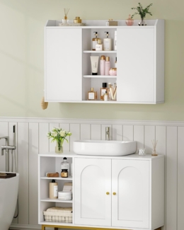 Hängeschrank, Wandschrank mit verstellbaren Ablagen, mit Schiebetüren und offenen Regalen, Badezimmerschrank, Küchenschrank, 20 x 90 x 60 cm, Weiß