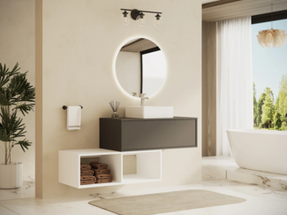 Vente-unique - Waschbeckenunterschrank hängend mit quadratischem Waschbecken - 1 anthrazitgraue Schublade & 2 weiße Ablagefächer - 94 cm - TEANA II