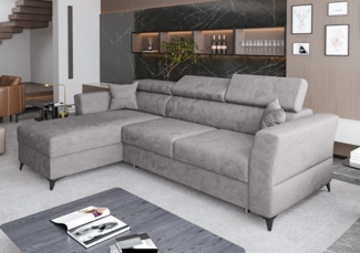 AX LIVING Ecksofa klein mit Schlaffunktion Bettkasten Ribella 265cm grau L-Form Links