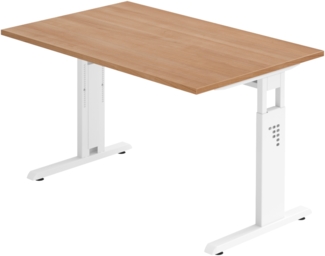 bümö höhenverstellbarer Schreibtisch O-Serie 120x80 cm in Nussbaum, Gestell in weiß - PC Tisch klein für's Büro manuell höhenverstellbar, Computertisch verstellbar, OS-12-N-W
