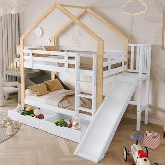 Merax Etagenbett mit Rutsche und dreistufiger Winkelaufstiegsleiter, Hausbett mit mit Absturzsicherung und 2 Schubladen, Bettrahmen aus Massivholz, Weiß+Natur, 90x200 cm