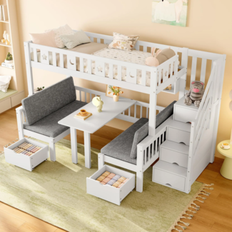 Etagenbett mit Sitzbänken und Tisch, 90x200cm/120x200cm, umbaubar zur zwei Schlafgelegenheiten, Kinderbett mit Rausfallschutz und Stauraum