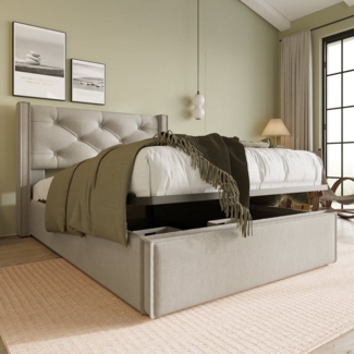 Odikalo Stauraumbett Bettgestell Polsterbett 90/140/160 Lattenrost Metallrahmen, Beige/Grau