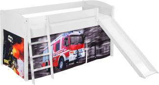 Lilokids 'Ida 4106' Spielbett 90x200 cm, Feuerwehr, Kiefer massiv, mit Rutsche und Vorhang