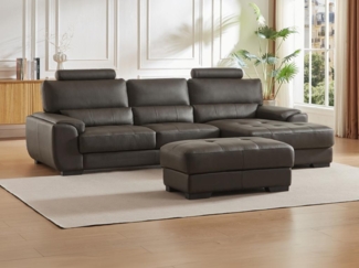 Vente-unique - Ecksofa Leder & Sitzhocker - Ecke Rechts - Braun - METROPOLITAN II