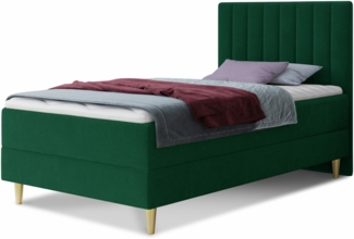 Boxspringbett Gold Mini mit Bettkasten, Bonell-Matratze und Topper - Einzelbett mit Matratzentopper, Polsterbett, Bett, Schlafzimmer, Jugendzimmer, Velours Stoff (Grün (Manila 35), 90 x 200 cm)