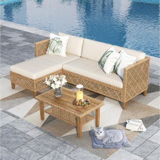 PHI VILLA Gartenlounge-Set, (1 Chaiselongue, 1 Zweisitzer-Sofa und 1 Kleiner Couchtisch, Rattan Lounge Möbel Outdoor), 4 Personen Terassenmöbel Außen Gartensofa