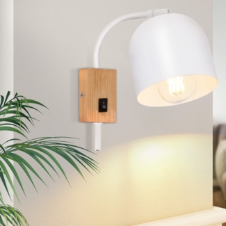 ZMH Wandstrahler Holz Wandleuchte mit Schalter - Wandspots 1 Flammig E27 Weiß Flurlampe 330° Schwenkbar Metall Vintage Innen für Kinderzimmer Wohnzimmer Schlafzimmer,Ohne Leuchtmittel