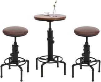 Set Bartisch + 2x Barhocker HWC-N23, Stehtisch höhenverstellbar drehbar Industrial Eisen Holz Kunstleder ~ braun-schwarz