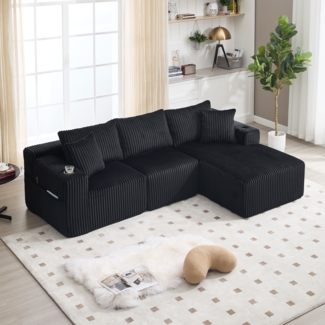 Sofa-Set, Modulares Sofa mit Chaiselongue und 2-Sitzer weicher Cordbezug 5 Kissen Taschen Getränkehalter hochdichter Schaumstoff DIY-Kombination, Cord, Braun