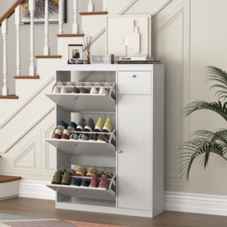 Schuhschrank in Weiß,90×27×125cm, mit 3 Klappschubladen und verstellbarem Ablagefach, moderner Schuhorganizer