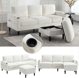 LVHOM Loungesofa mit Hocker & Stauraum, 4-Sitzer, Armlehnen, Getränkehalter, Seitentaschen, weiche Chenille-Stoff, modulare Sofa, Beige