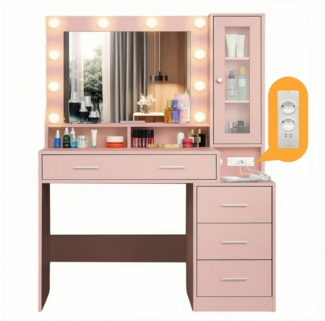 LUCKZON Schminktisch mit Steckdosen & Nachttisch & 10 LED einverstellbar, 101 x 40 x 143 cm, Frisiertisch mit 5 Schubladen u. 1 Schrank Valentinstag Geschenk