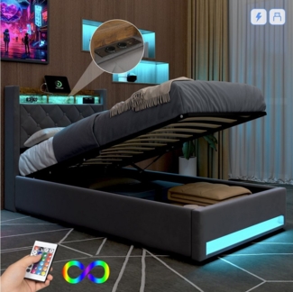 STILVORA Polsterbett mit bettkasten,Stauraumbett Boxspringbett 90×200 mit USB & LED-Licht (Funktionbett mit Hydraulikstange,Tragfähigkeit: 200kg, Strapazierfähig und schmutzabweisend,verschiedenen Farben,Metallrahmen), Bettgestell mit Lattenrost,Bequem...